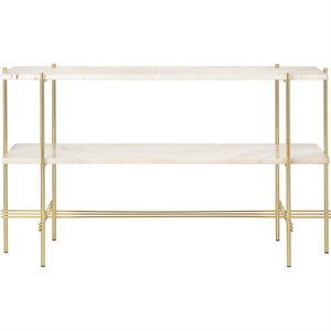 Table Console Gubi TS H72 cm avec 2 Étagères Laiton/ Travertin Blanc Neutre