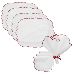 Service à Thé Decotique Gia 4 Sets de Table + 4 Serviettes Blanc/ Bordeaux