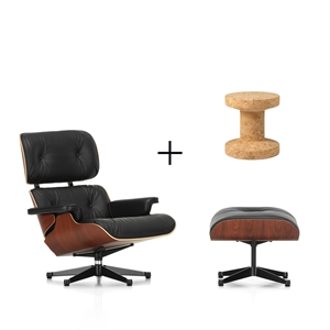 Vitra Eames Fauteuil Santos Palissandre/Cuir Noir avec Ottoman + Tabouret Familial en Liège Modèle B