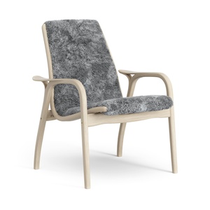 Fauteuil suédois en stratifié chêne laqué/gris scandinave/peau de mouton