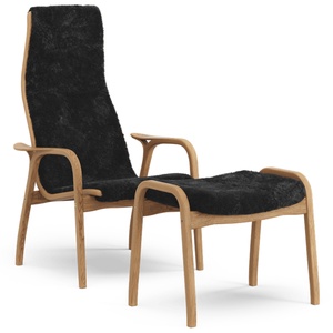 Fauteuil suédois Lamino avec repose-pieds, chêne huilé haut, Noir et peau de mouton