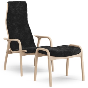 Fauteuil suédois Lamino avec repose-pieds haut en hêtre laqué chêne/ Noir/peau de mouton