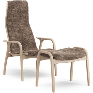 Fauteuil Suédois Lamino avec Repose-pieds Haut en Hêtre Laqué chêne/Sahara/peau de Mouton