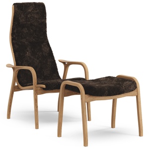 Fauteuil Suédois Lamino avec Repose-pieds, Chêne Huilé, Expresso et Peau de Mouton
