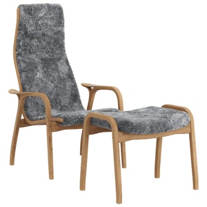 Fauteuil suédois Lamino avec repose-pieds, chêne huilé haut, gris scandinave et peau de mouton