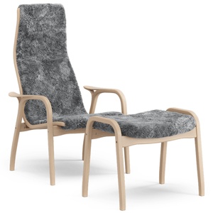 Fauteuil suédois Lamino avec repose-pieds haut en hêtre laqué chêne/gris scandinave/peau de mouton