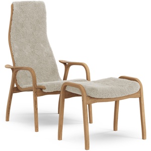 Fauteuil Suédois Lamino avec Repose-pieds, Chêne Huilé, Clair de Lune et Peau de Mouton