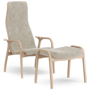 Fauteuil suédois Lamino avec repose-pieds haut en hêtre laqué chêne/clair de lune/peau de mouton