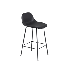 Tabouret de Bar en Fibre Muuto M. Base en Tube et Dossier Recouvert de Cuir Noir/ Noir H87,5 cm