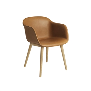 Chaise de Salle à Manger en Fibre Muuto avec Accoudoirs et Base en Bois, Revêtement en Cuir Cognac/chêne