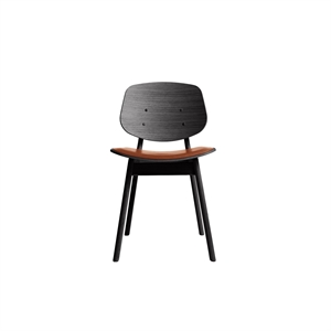 Chaise de salle à manger Pandora de la collection Ro, assise rembourrée, chêne laqué noir/cuir Calvados