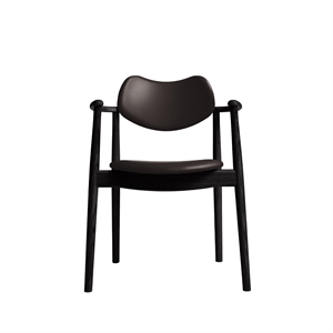 Chaise de salle à manger Regatta de la collection Ro, tapissée en chêne laqué noir et cuir marron foncé