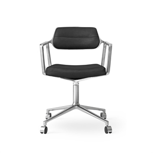 Chaise Pivotante Vipp 453 à Roulettes, Aluminium et Cuir Noir